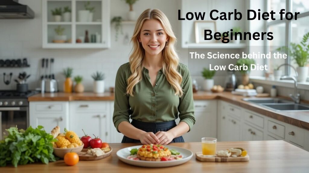 “A smiling blond woman in a clean, modern lab-style kitchen studies nutrition charts and healthy foods, illustrating the science behind the low carb diet for beginners.”