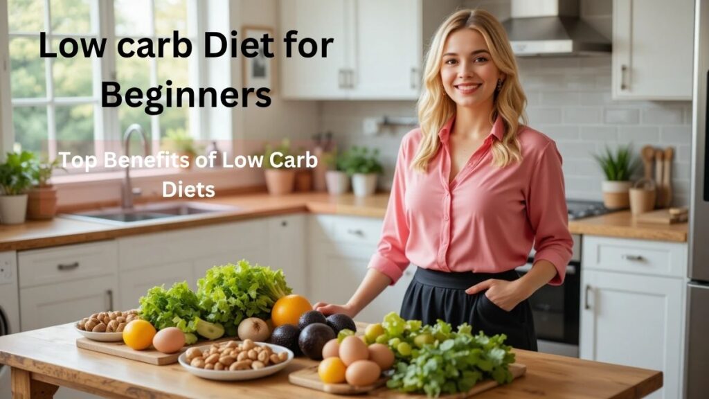 “A smiling, healthy blond woman in a pink blouse and black skirt beside a wooden table with fresh low-carb foods, symbolizing the top benefits of the low carb diet for beginners.”