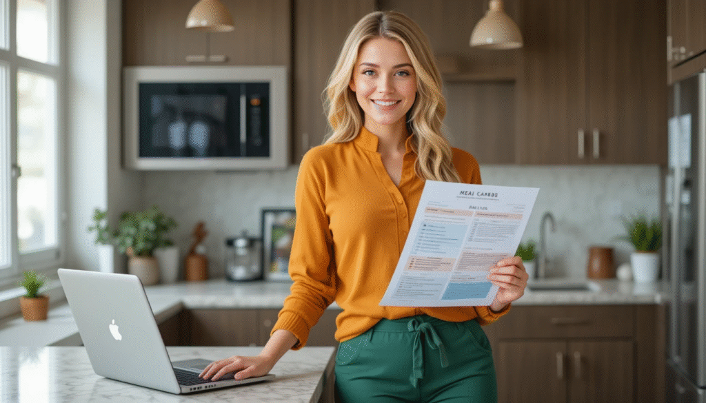 Woman downloading low carb meal plan PDF.
