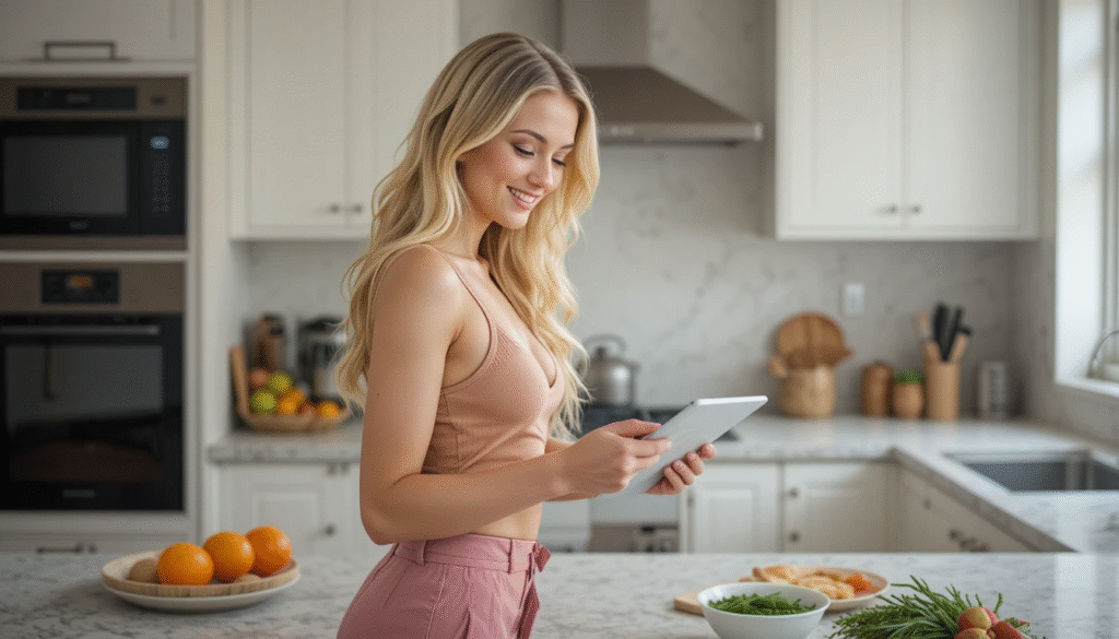Woman searching low carb recipes online.