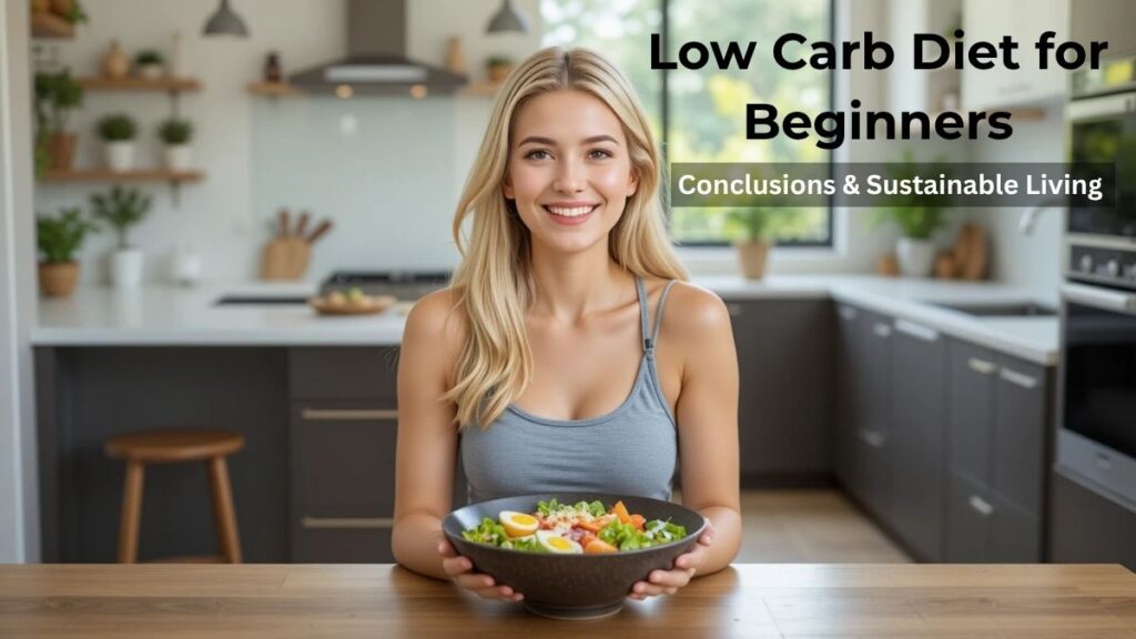 “Woman enjoying a healthy low carb diet meal, representing conclusions and sustainable living for beginners.”