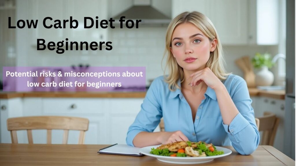 “A thoughtful blond woman in a light blue shirt sits at a wooden table with a healthy low-carb meal, representing awareness of the risks and misconceptions of the low carb diet for beginners.”