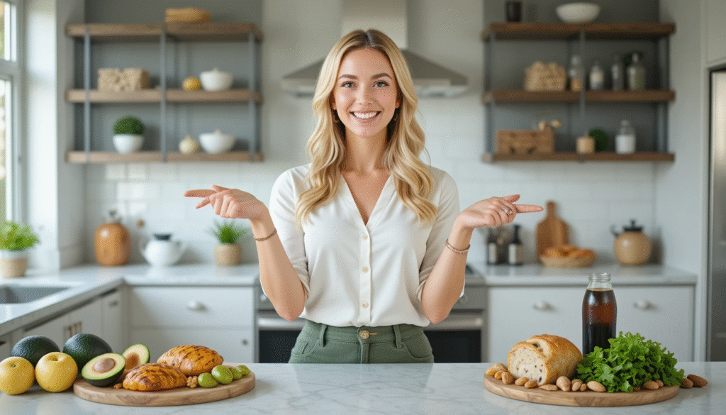 Smiling blond woman displaying foods to eat and avoid for a low carb diet for beginners — showing healthy choices for USA lifestyle and weight loss motivation.