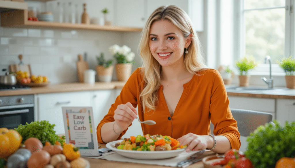 “Woman enjoying a homemade low carb meal—summary of easy daily recipes”