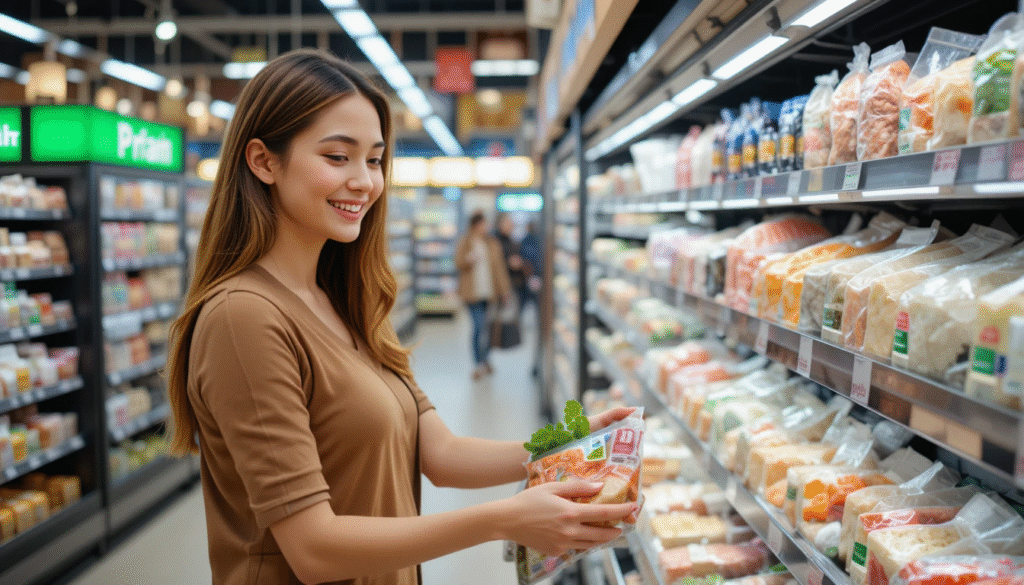 “Woman shopping for proteins for a low carb diet for beginners”
