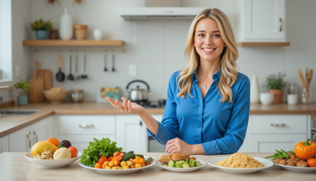 Smiling woman explaining what a Low Carb Diet for Beginners means using healthy food visuals.