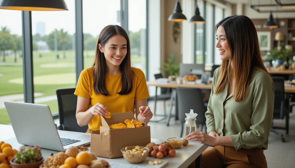 Stylish woman enjoying healthy low carb travel snacks at an airport lounge — smart eating ideas for a Low Carb Diet for Beginners.