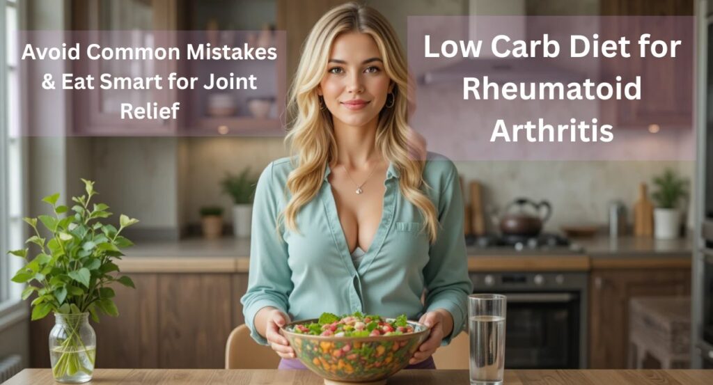 healthy smiling blonde woman following low carb diet for rheumatoid arthritis in modern kitchen