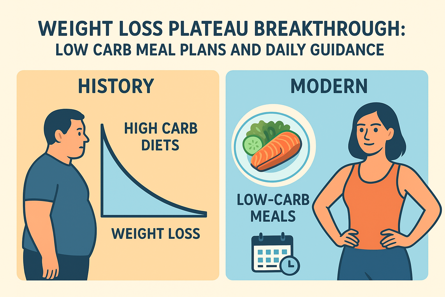 “History graphic showing Weight Loss Plateau Breakthrough low carb guidance.”