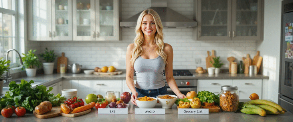Banner showing low carb foods arranged in eat, avoid, and grocery list sections