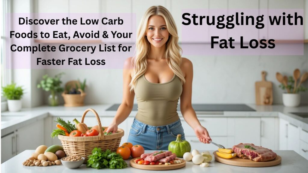 Healthy woman with low carb grocery basket for fat loss eating guide