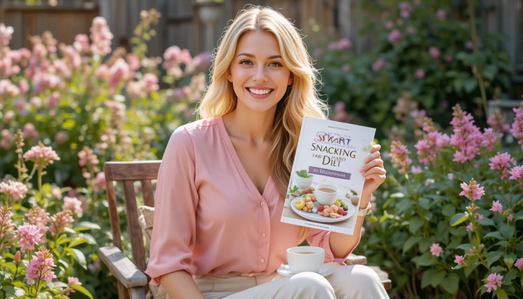 Smiling woman holding a printed Smart Snacking Guide — motivating readers to continue their Low Carb Diet for Beginners journey.