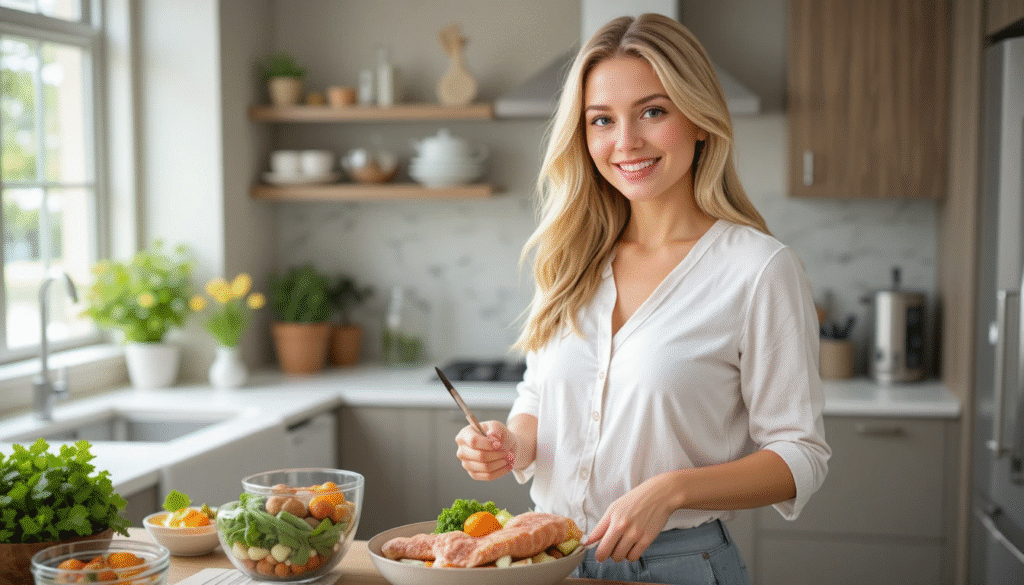 "Woman safely reducing carbs with a balanced low-carb meal, healthy lifestyle, portion control, and USA kitchen setting"