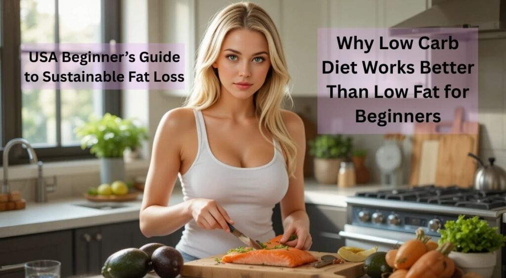 Healthy USA woman preparing salmon and avocado demonstrating Why Low Carb Diet Works Better Than Low Fat for Beginners